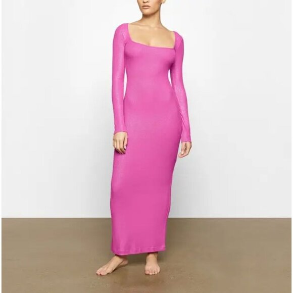 SKIMS Soft Lounge Long Sleeve Ribbed Bodycon Metallic Fuchsia Party Dress Large - Picture 1 of 11